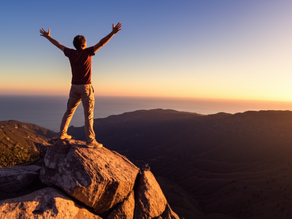Man on cliffside with arms raised in freedom