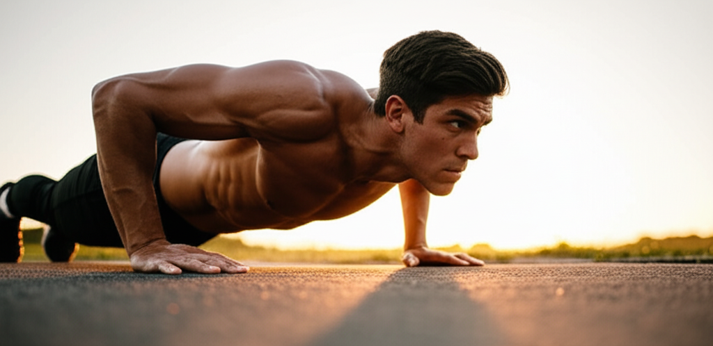 Man doing intense bodyweight exercise at sunrise